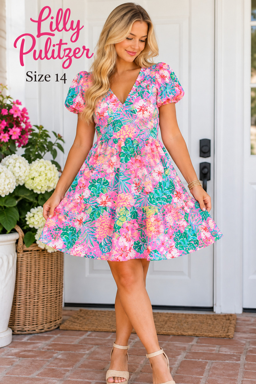 Lilly Pulitzer Dress Size 14 Pink Tropical Floral Puff Sleeve Tier Mini Tie Back